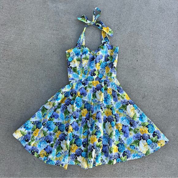 Ensnovo 50s Pinup Style Pansy Floral Garden Party Halter Tie Dress MEDIUM - Picture 2 of 7